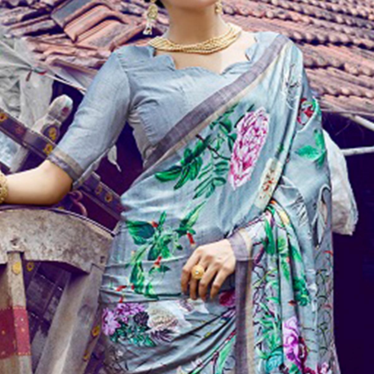 Elegant Gray Colored Casual Digital Printed Satin Crepe Saree - Peachmode