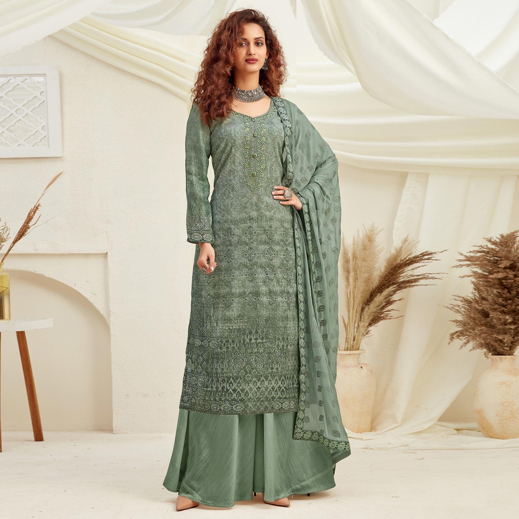 Elegant Green Colored Embroidered With Digital Printed Partywear Pure Viscose Chinnon Chiffon Palazzo Suit - Peachmode