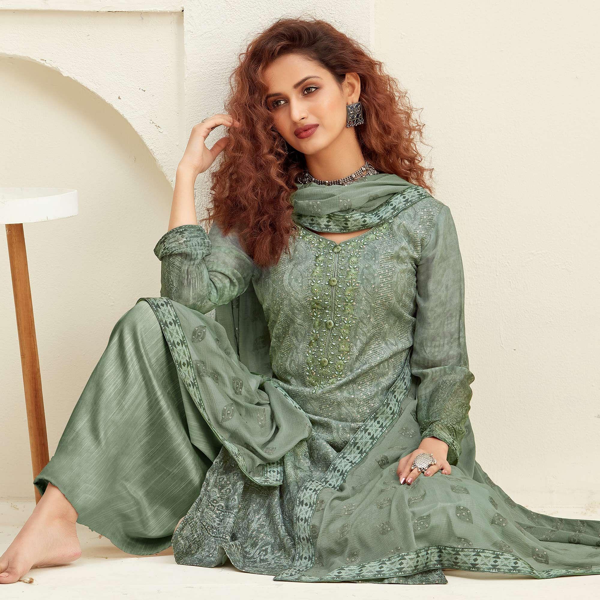 Elegant Green Colored Embroidered With Digital Printed Partywear Pure Viscose Chinnon Chiffon Palazzo Suit - Peachmode