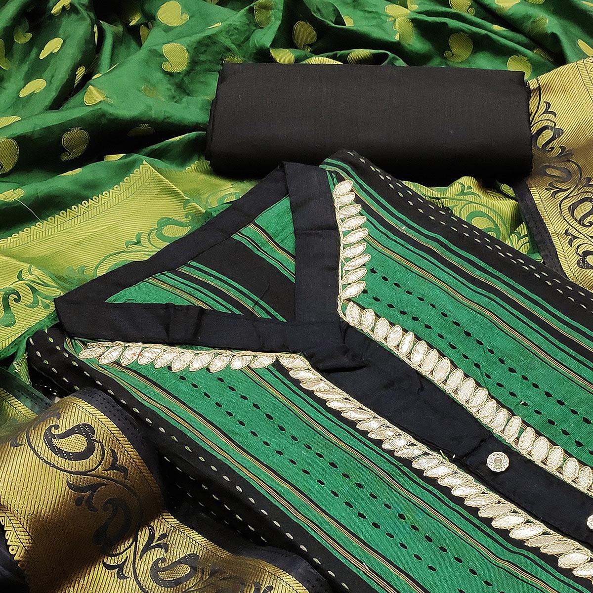 Elegant Green Colored Festive Wear Embroidered Woven Cotton Dress Material - Peachmode