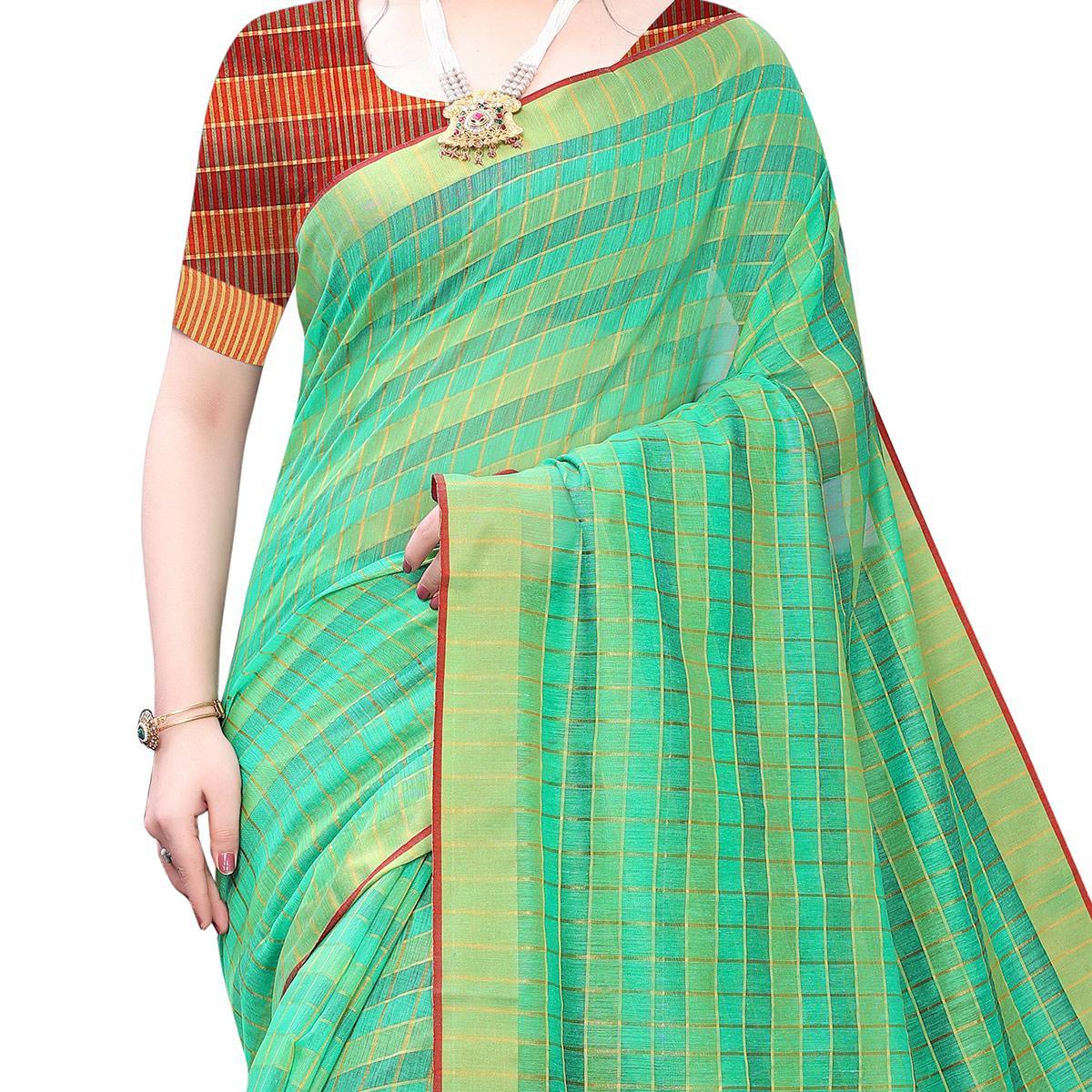 Elegant Green Colored Festive Wear Woven Blended Cotton Saree - Peachmode