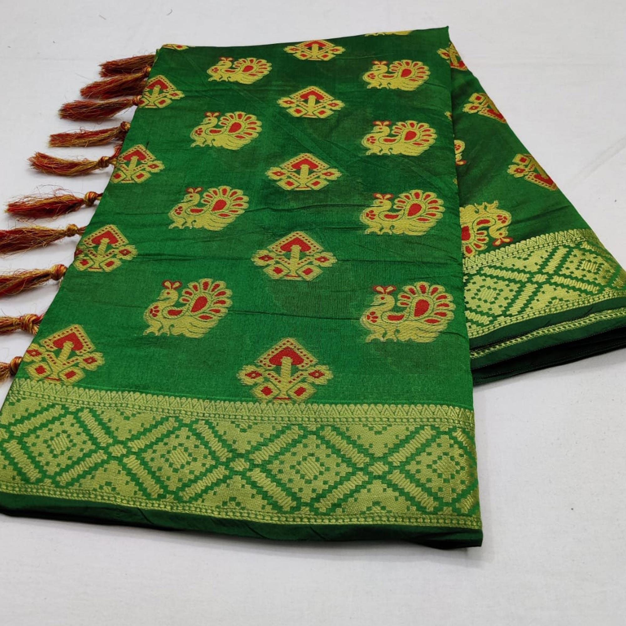 Elegant Green Colored Festive Wear Woven Cotton Saree - Peachmode