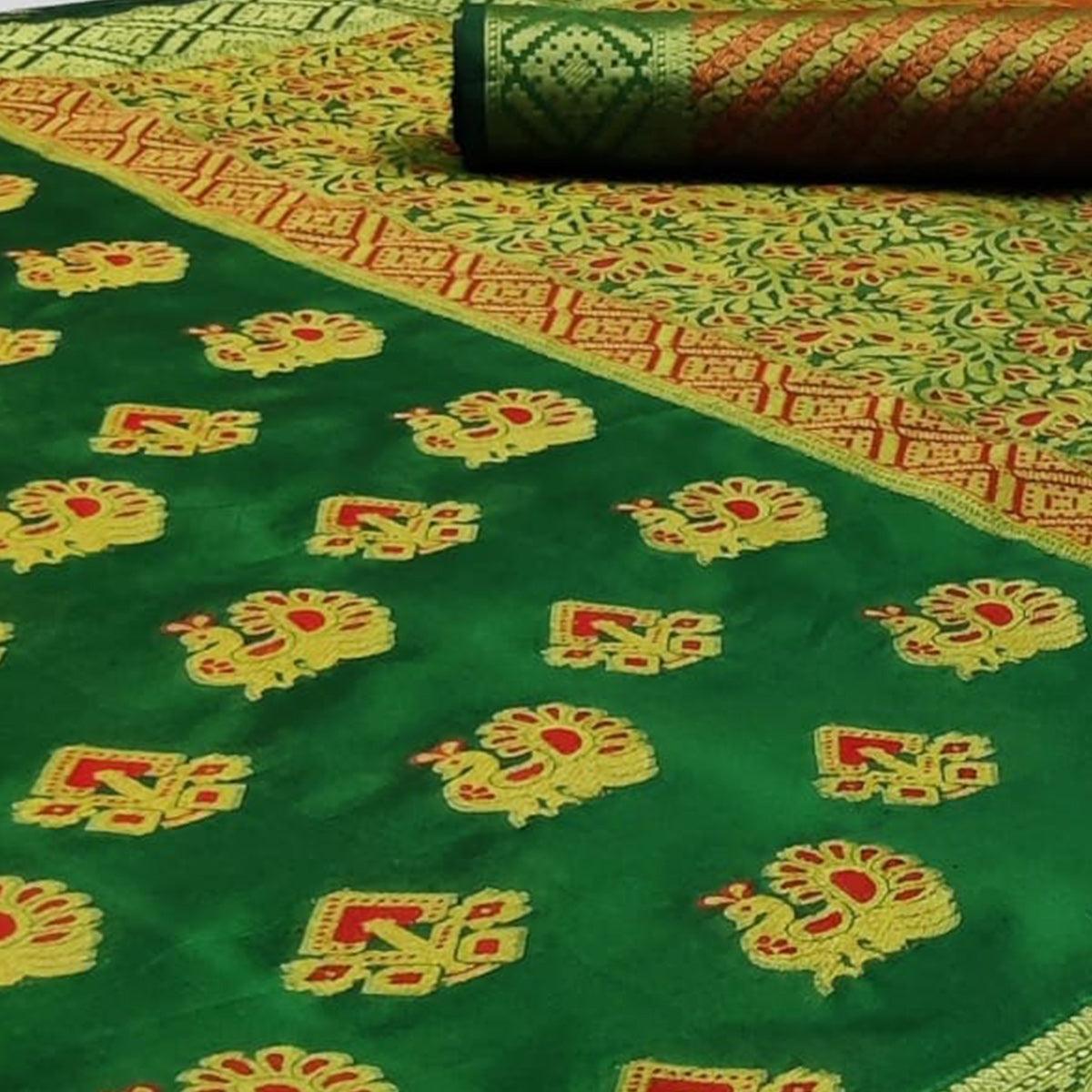 Elegant Green Colored Festive Wear Woven Cotton Saree - Peachmode