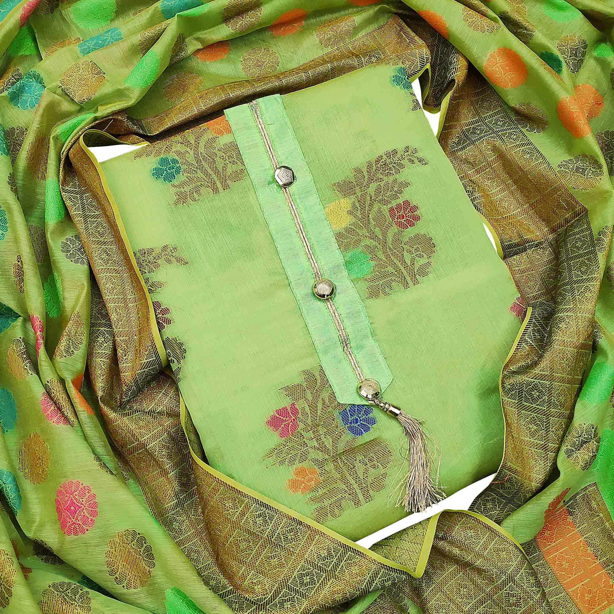Elegant Green Colored Festive Wear Woven Heavy Banarasi Silk Dress Material - Peachmode