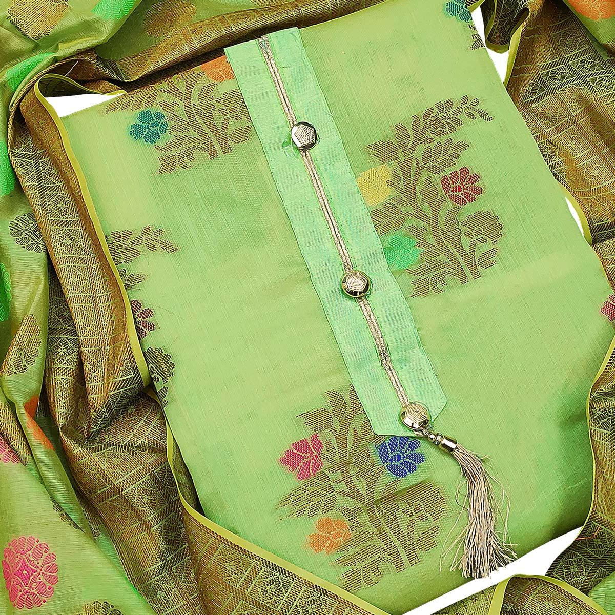 Elegant Green Colored Festive Wear Woven Heavy Banarasi Silk Dress Material - Peachmode