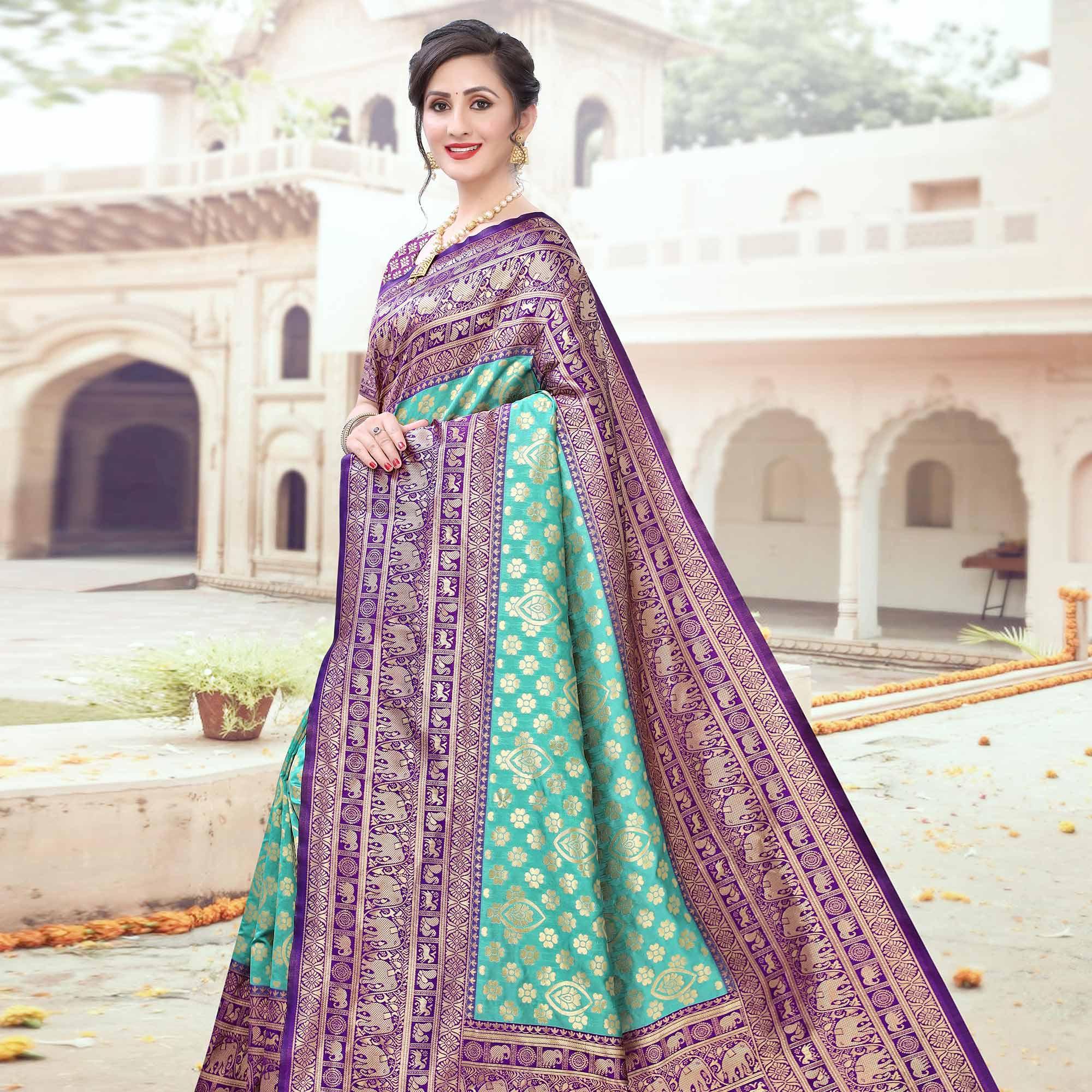 Elegant Green Colored Festive Wear Woven Heavy Banarasi Silk Saree - Peachmode