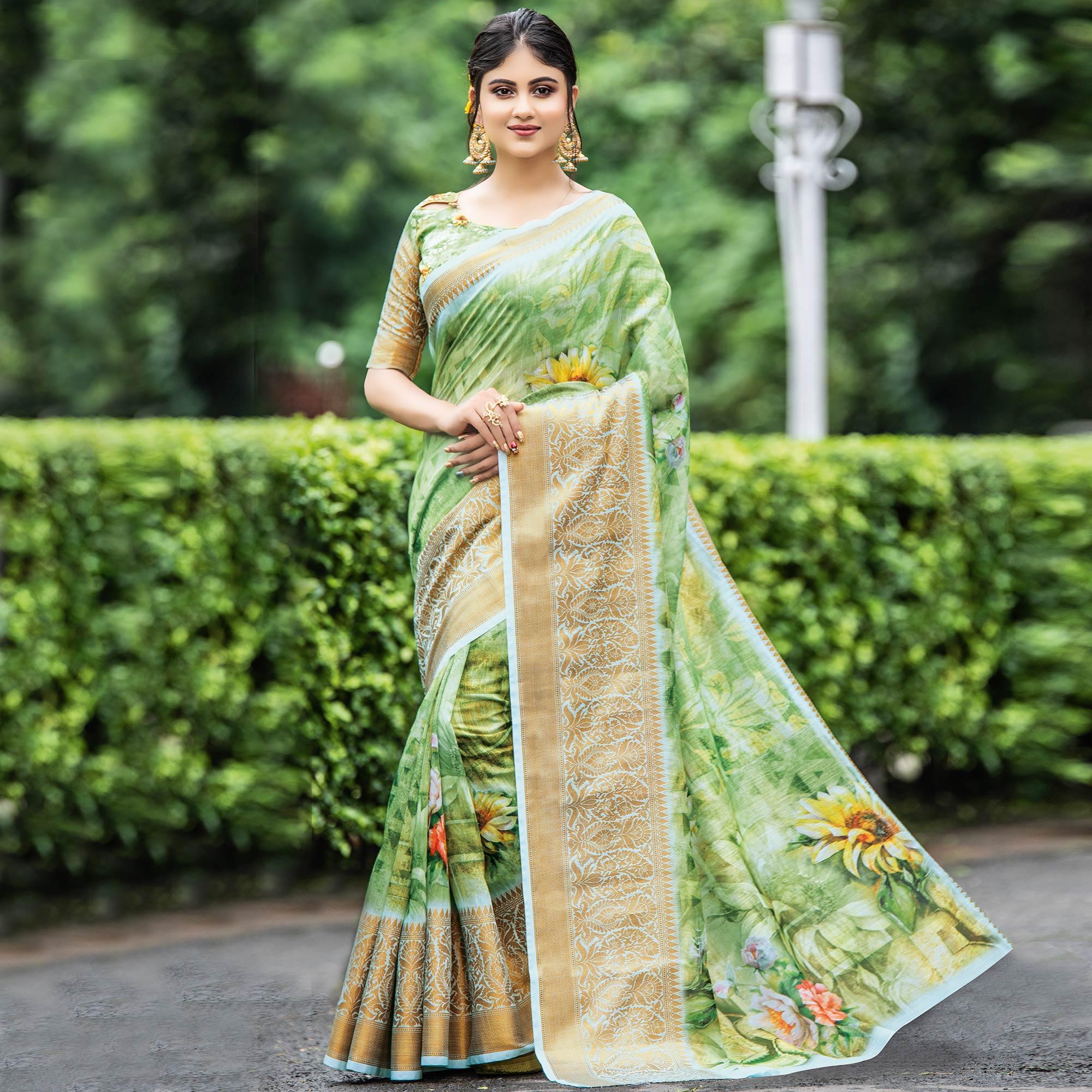 Elegant Green Colored Partywear Digital Printed Organza Saree - Peachmode