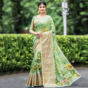Elegant Green Colored Partywear Digital Printed Organza Saree - Peachmode