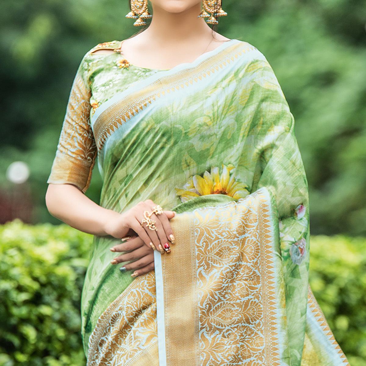 Elegant Green Colored Partywear Digital Printed Organza Saree - Peachmode