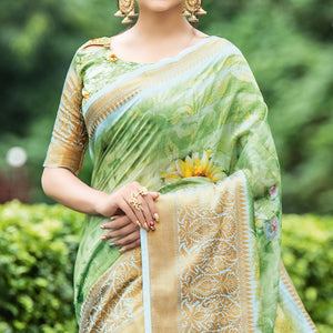 Elegant Green Colored Partywear Digital Printed Organza Saree - Peachmode