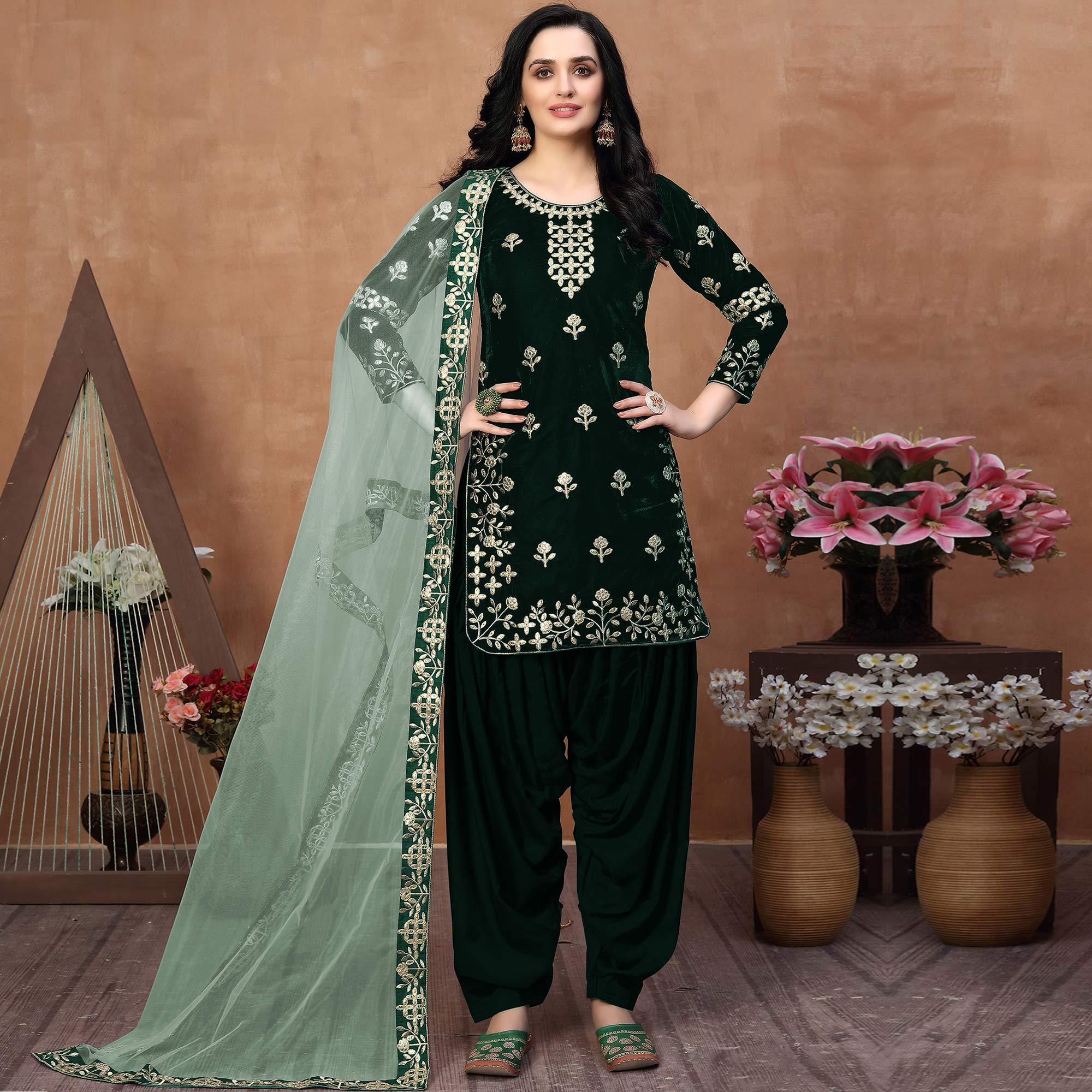 Elegant Green Coloured Partywear Mirror Embroidered Velvet Patiala Suit - Peachmode