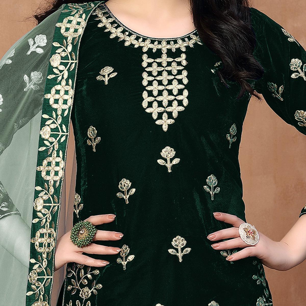 Elegant Green Coloured Partywear Mirror Embroidered Velvet Patiala Suit - Peachmode