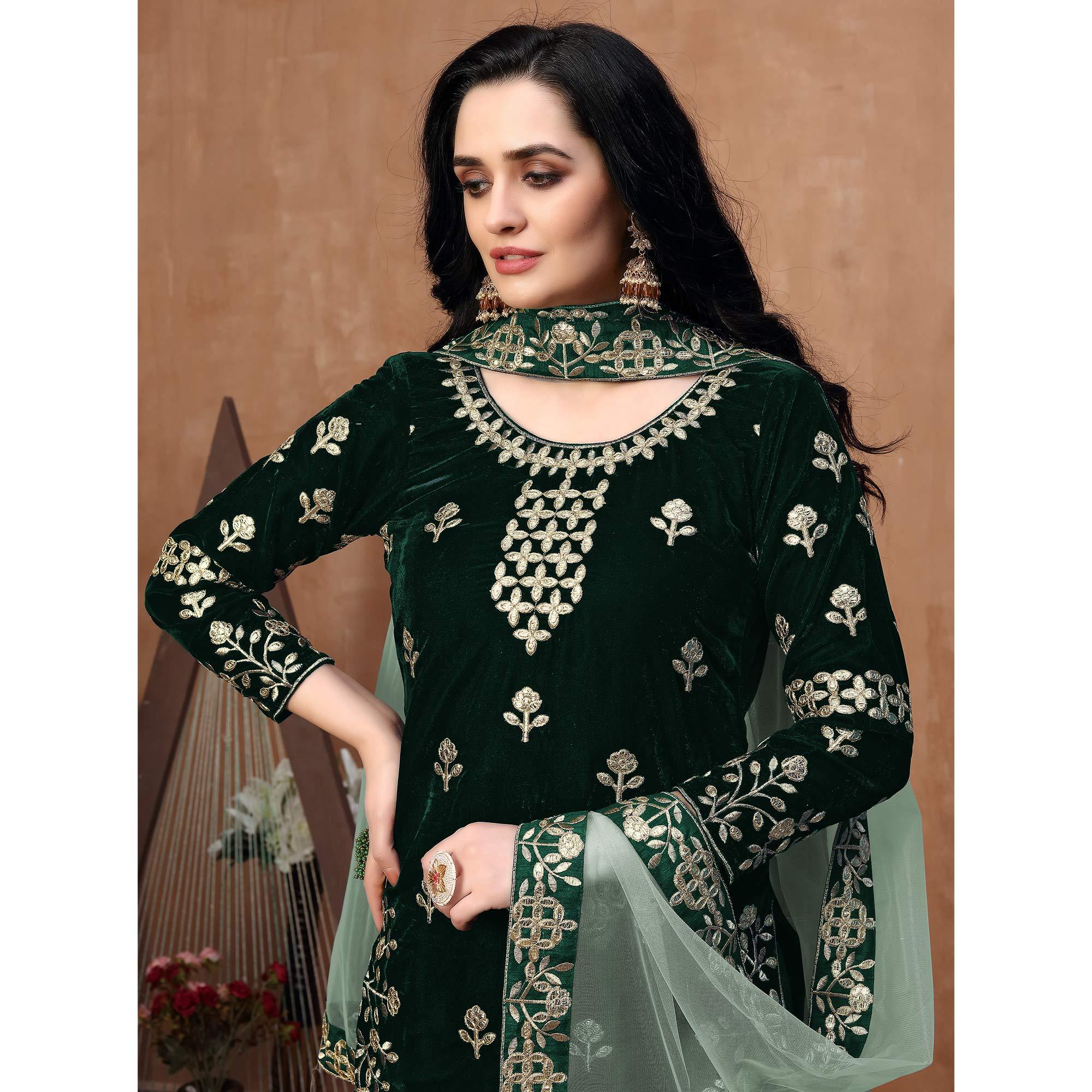 Elegant Green Coloured Partywear Mirror Embroidered Velvet Patiala Suit - Peachmode