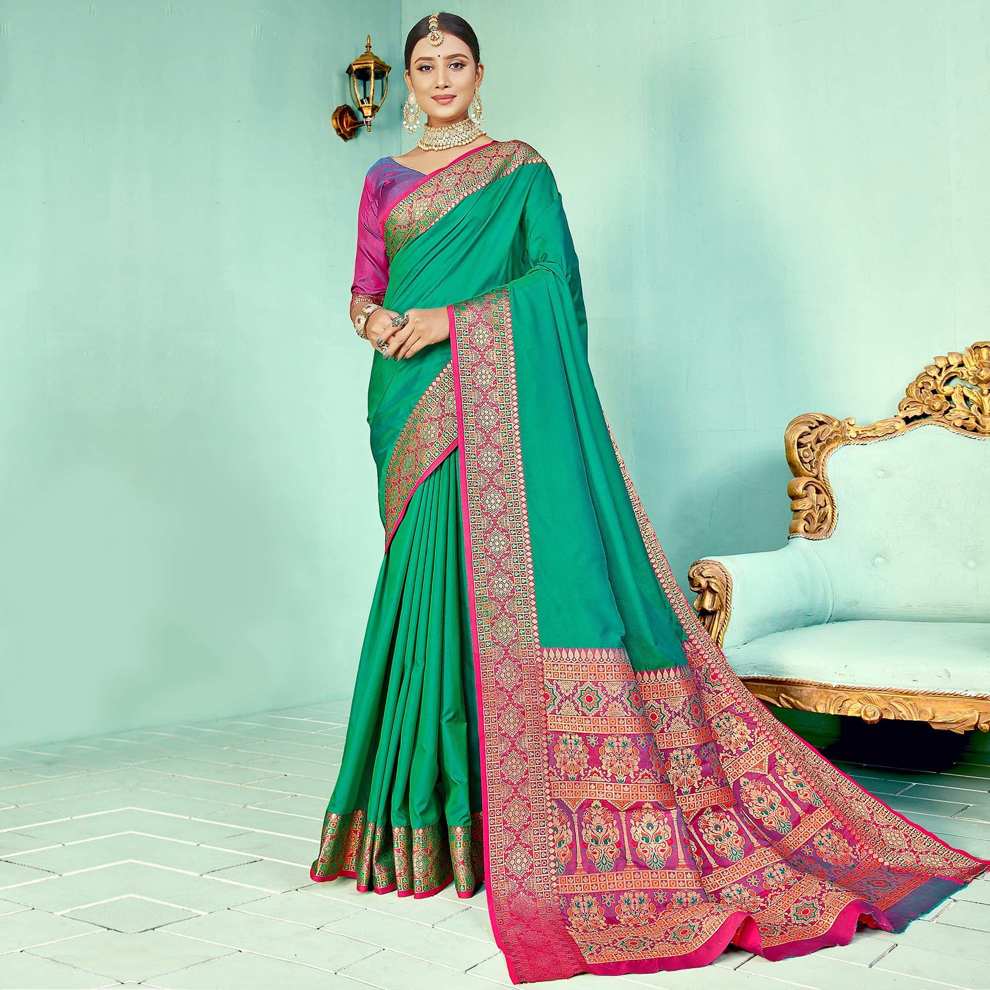 Elegant Green Coloured Partywear Woven Silk Saree - Peachmode