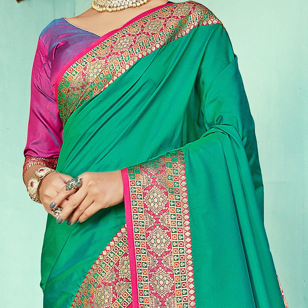 Elegant Green Coloured Partywear Woven Silk Saree - Peachmode
