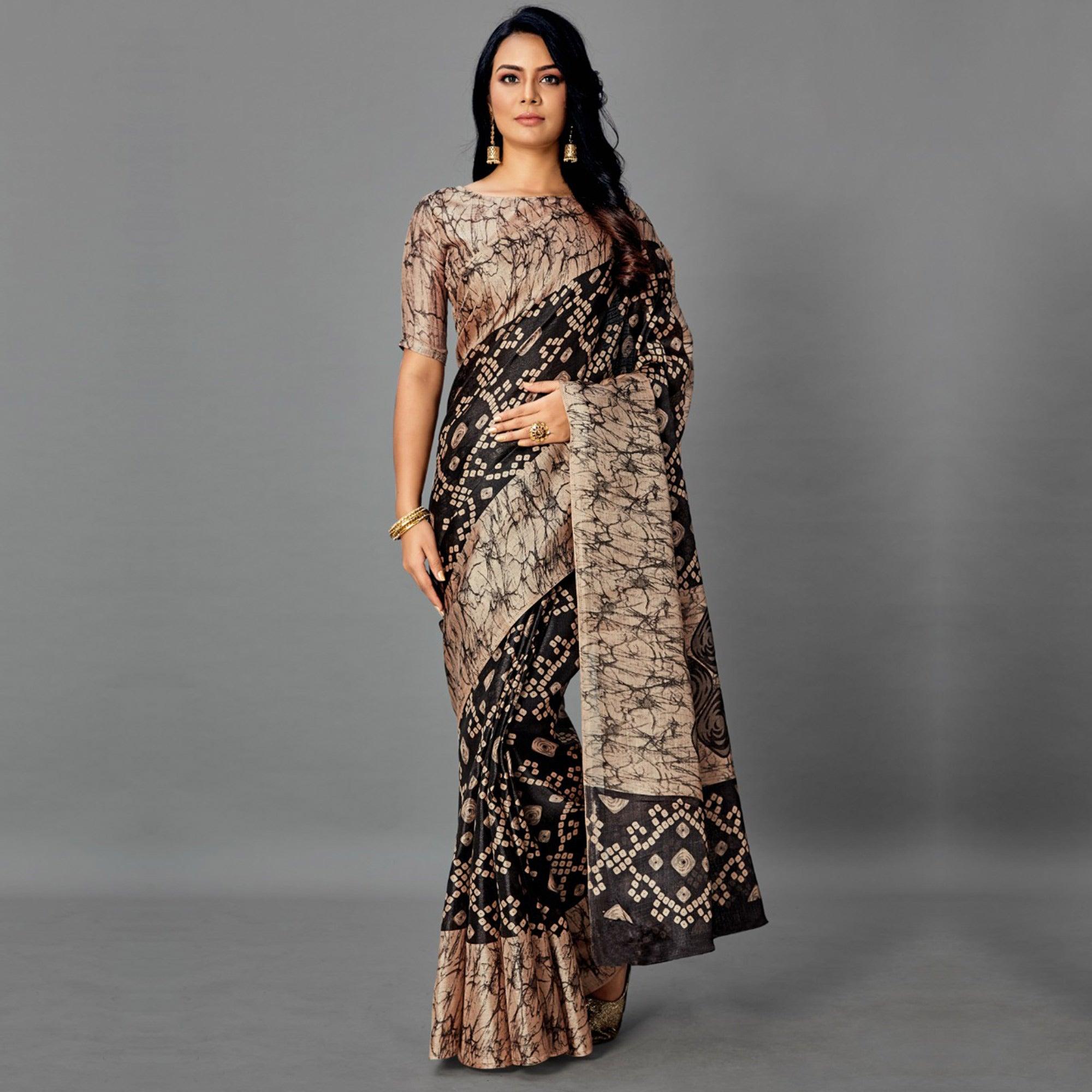 Elegant Grey - Black Colored Casual Wear Printed Art Silk Saree - Peachmode