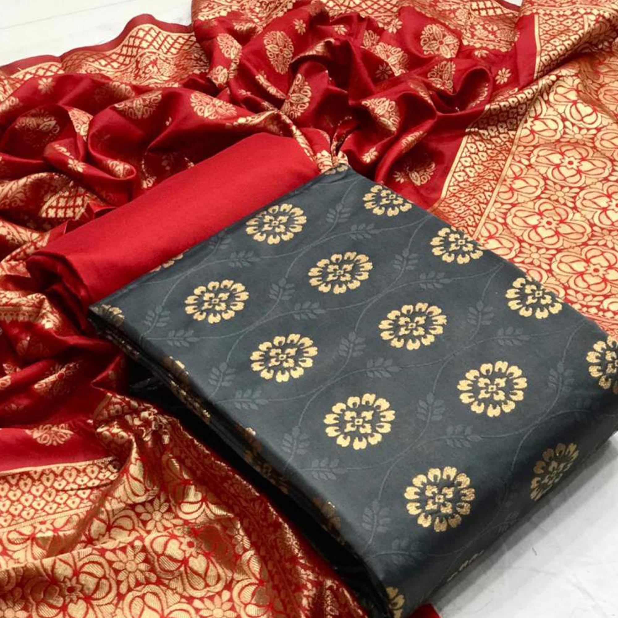 Elegant Grey Colored Casual Wear Banarasi Silk Dress Material - Peachmode