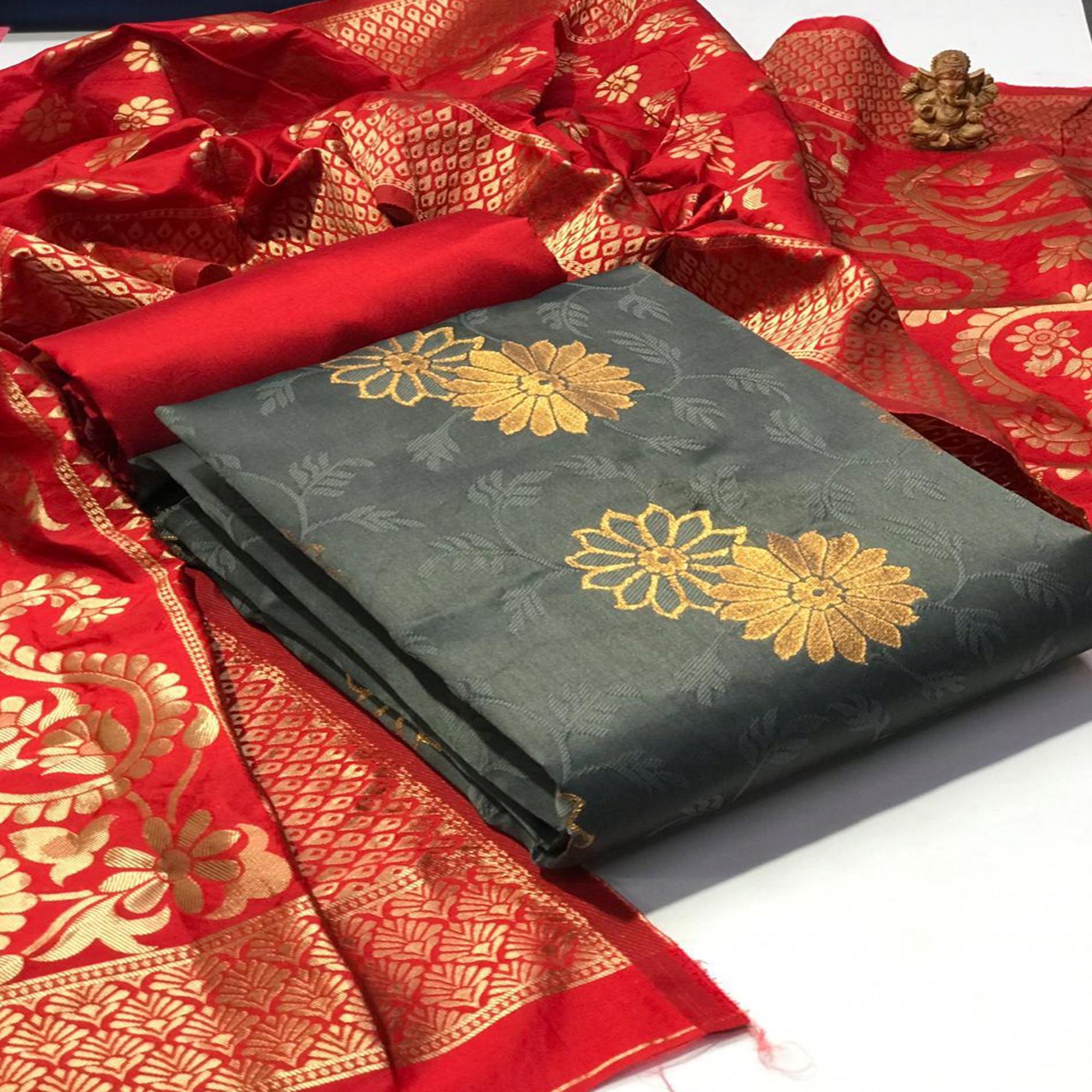 Elegant Grey Colored Casual Wear Banarasi Silk Dress Material - Peachmode