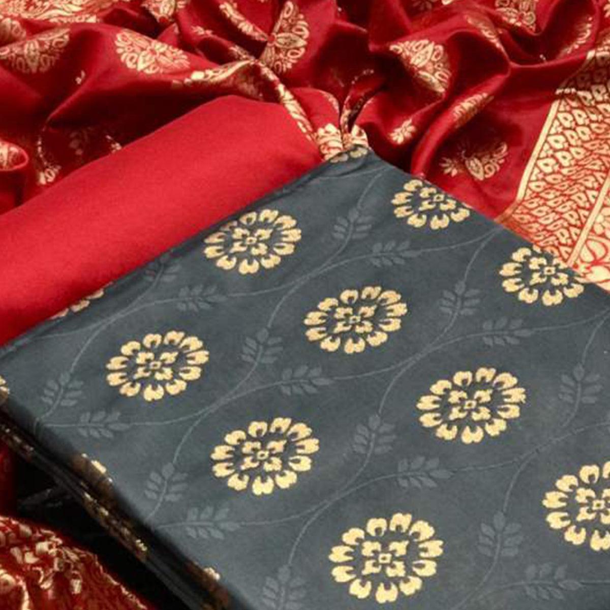 Elegant Grey Colored Casual Wear Banarasi Silk Dress Material - Peachmode