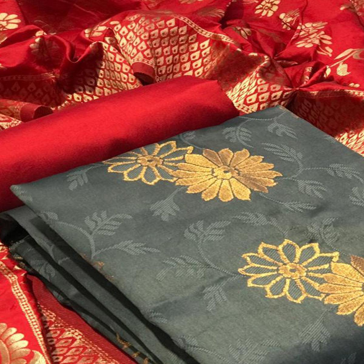 Elegant Grey Colored Casual Wear Banarasi Silk Dress Material - Peachmode
