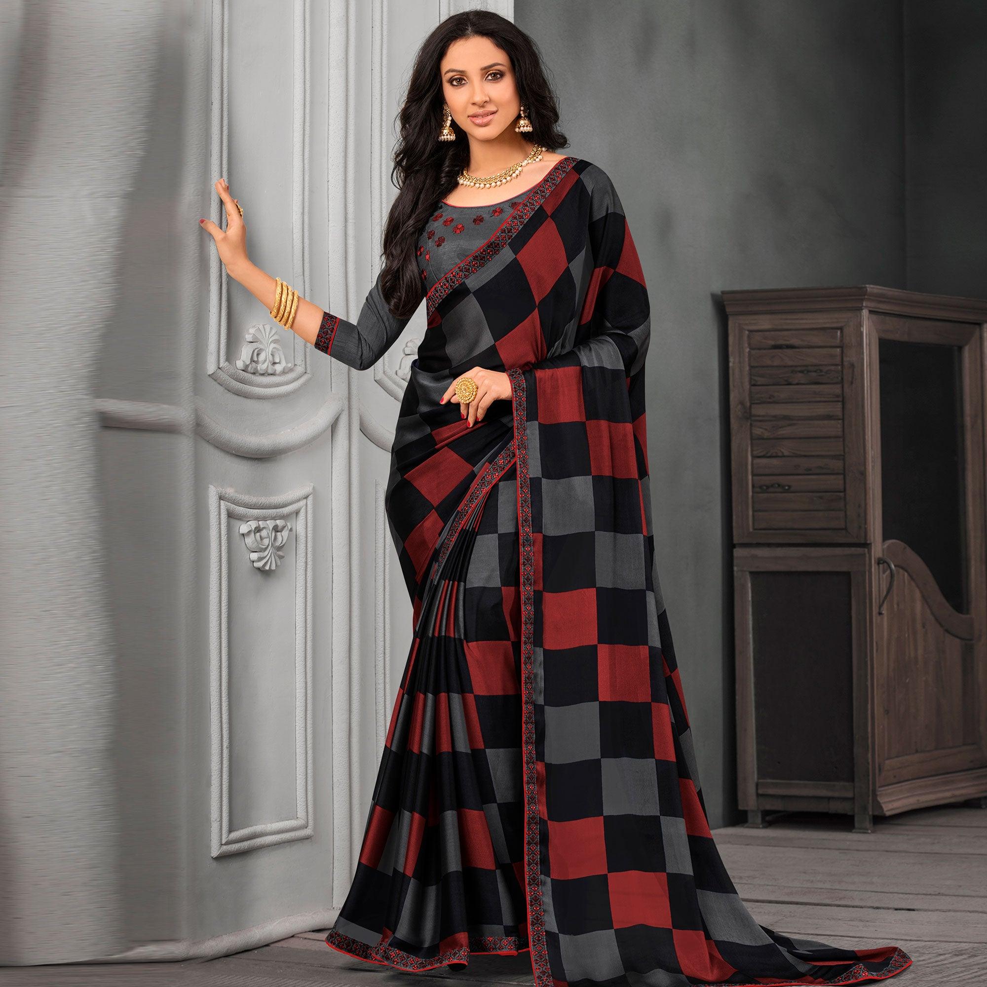 Elegant Grey-Maroon Colored Partywear Printed Chiffon Saree - Peachmode