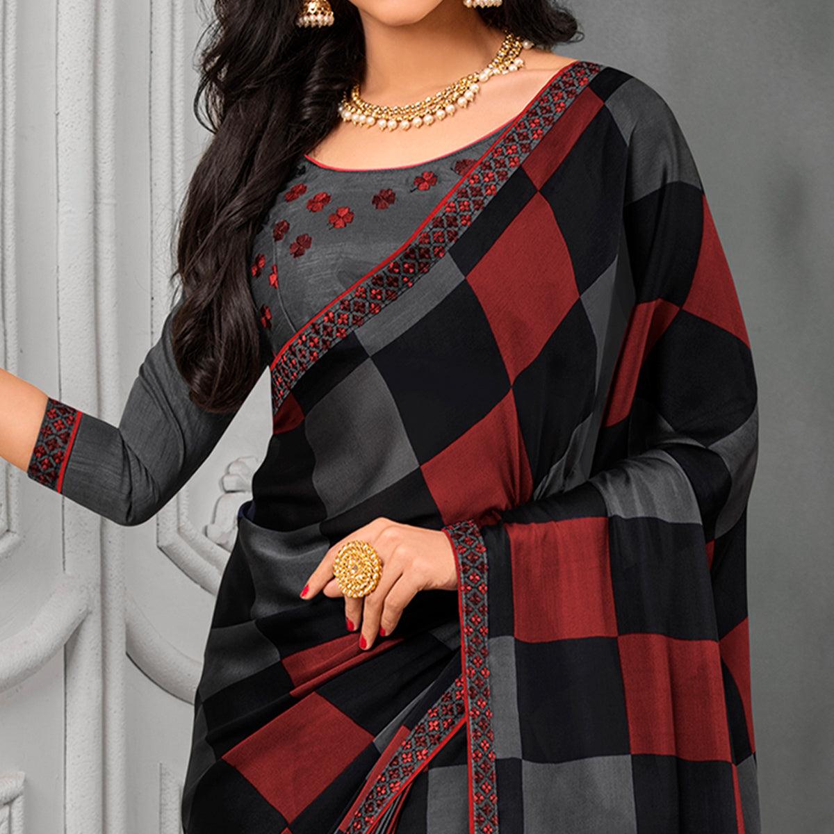 Elegant Grey-Maroon Colored Partywear Printed Chiffon Saree - Peachmode