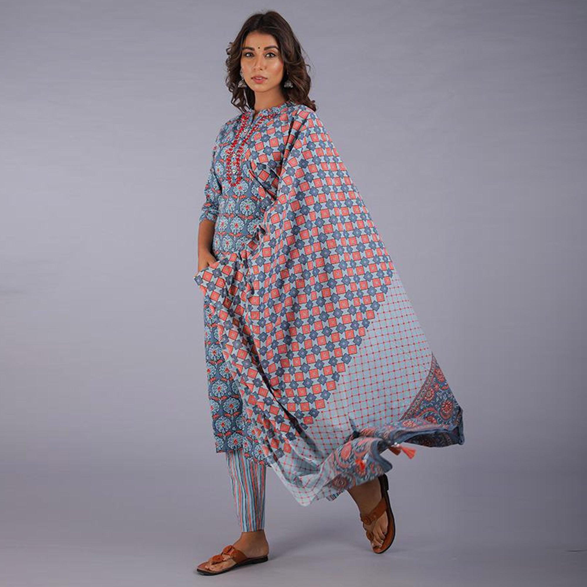 Elegant Light Blue Colored Casual Wear Printed Cotton Kurti - Pant Set With Dupatta - Peachmode