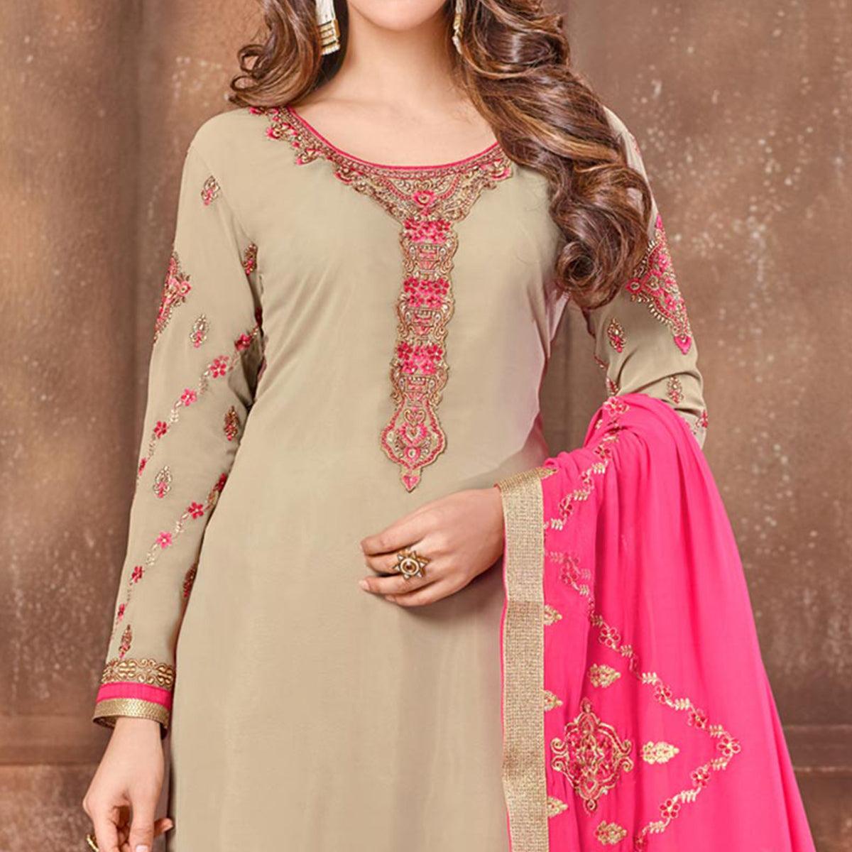 Elegant Light Brown Colored Partywear Embroidered Georgette Suit - Peachmode