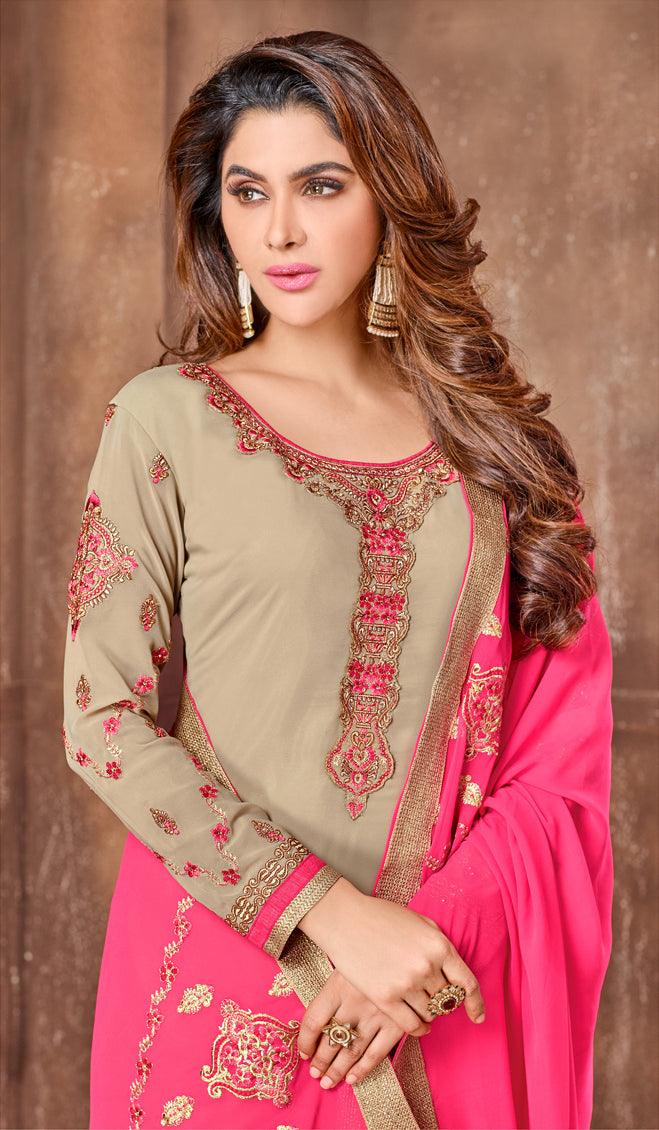 Elegant Light Brown Colored Partywear Embroidered Georgette Suit - Peachmode