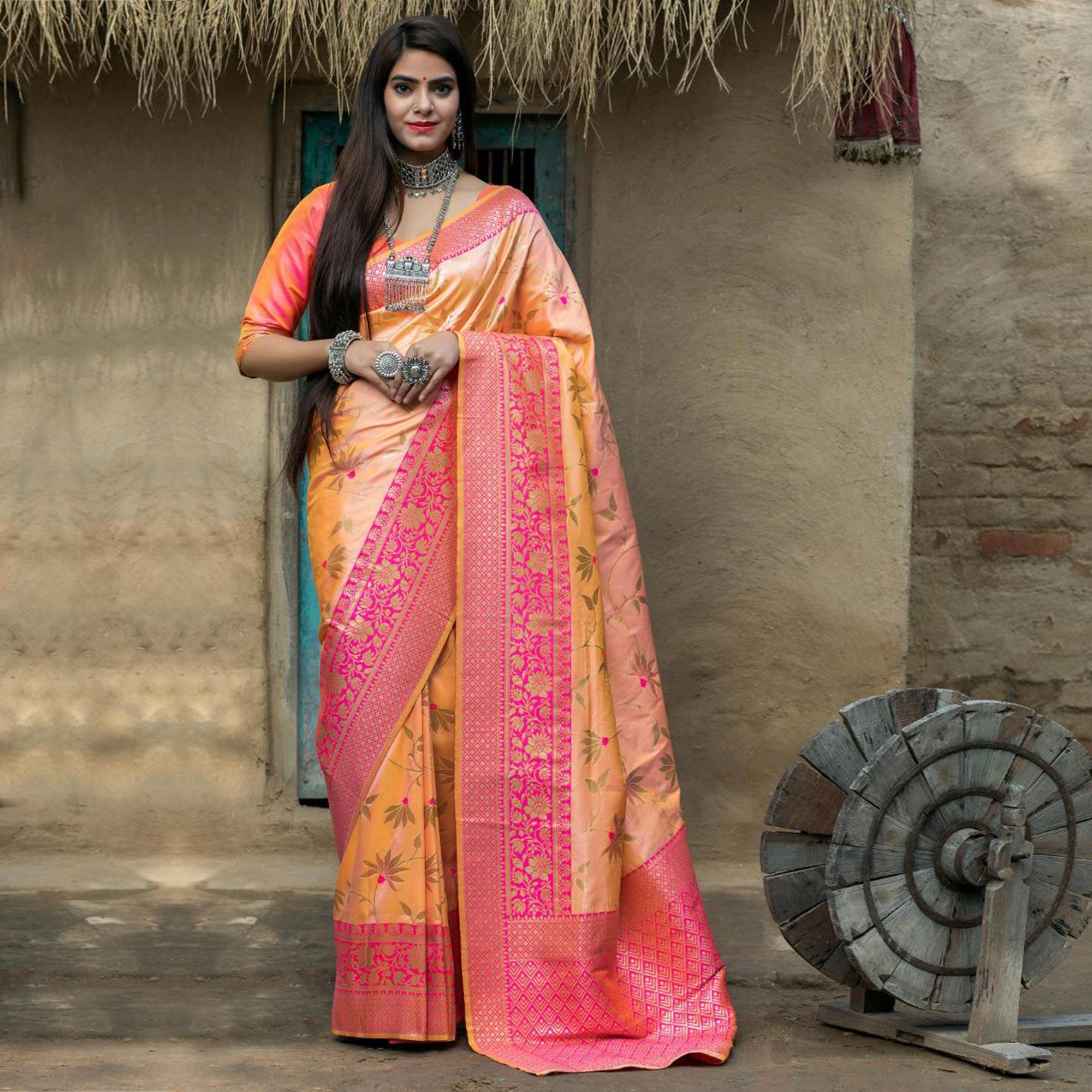Elegant Light Orange Colored Festive Wear Woven Banarasi Silk Saree - Peachmode