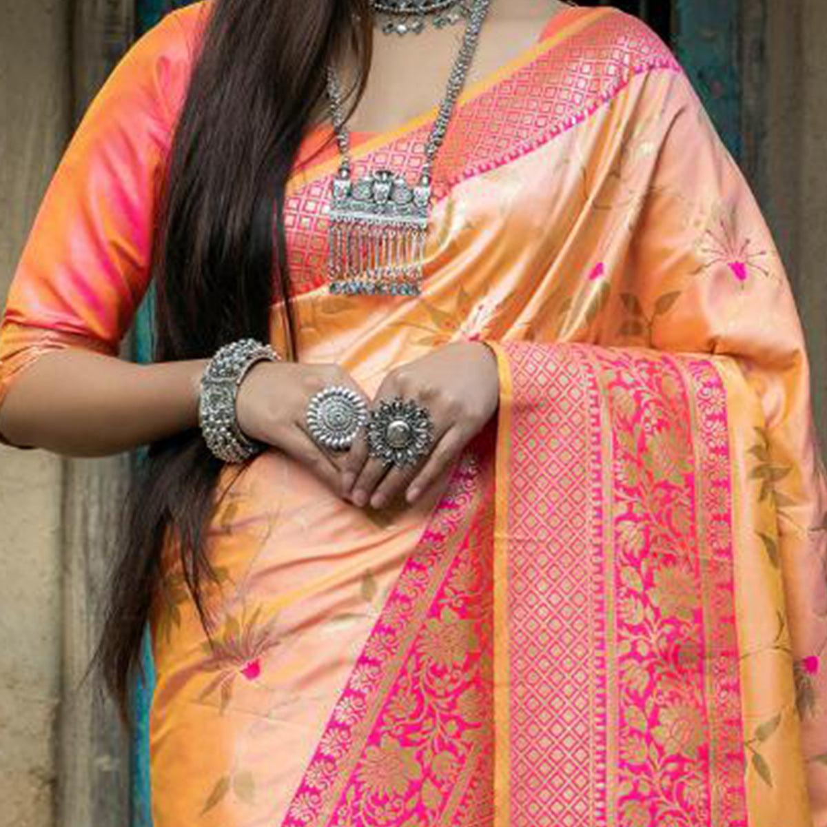 Elegant Light Orange Colored Festive Wear Woven Banarasi Silk Saree - Peachmode