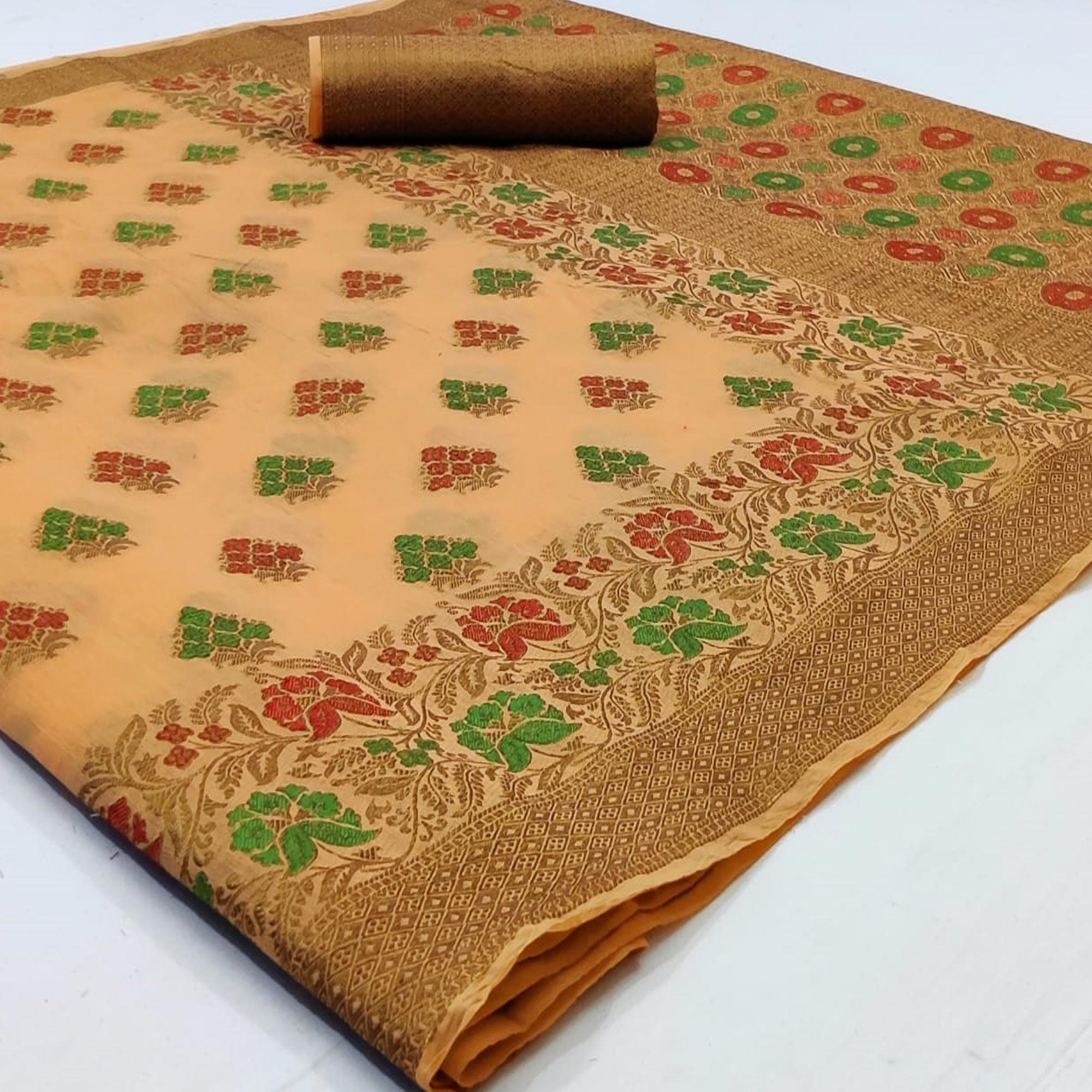 Elegant Light Peach Colored Festive Wear Woven Cotton Saree - Peachmode