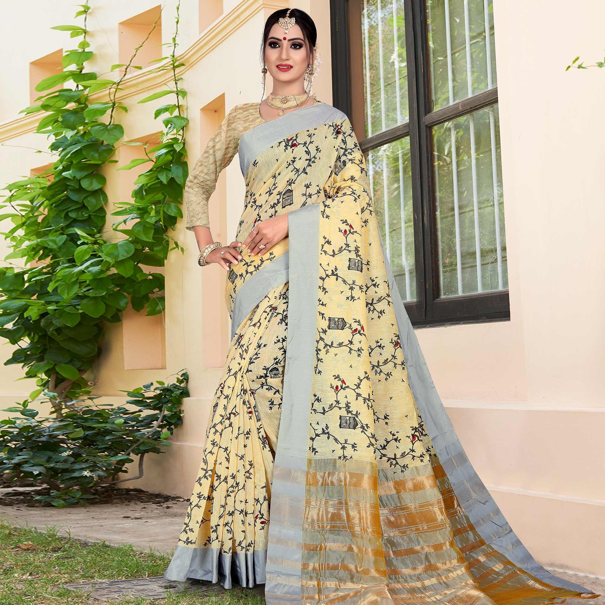 Elegant Light Yellow Colored Casual Printed-Woven Linen Saree With Tassels - Peachmode