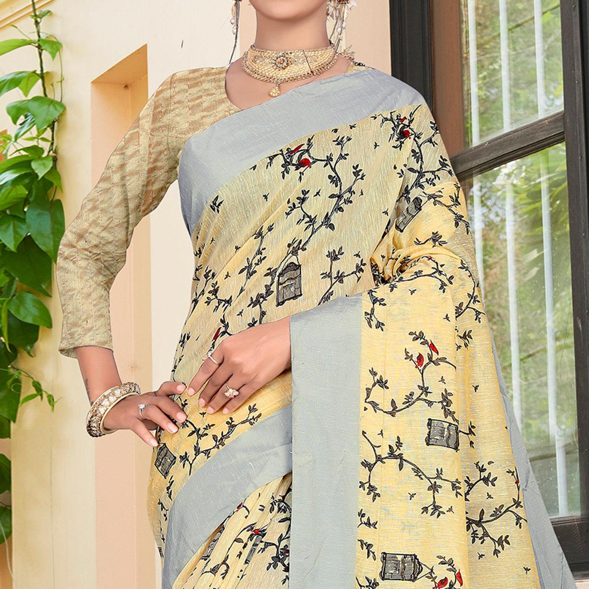 Elegant Light Yellow Colored Casual Printed-Woven Linen Saree With Tassels - Peachmode