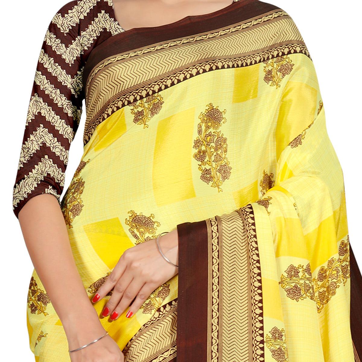 Elegant Light Yellow Colored Casual Wear Printed Crepe Saree - Peachmode