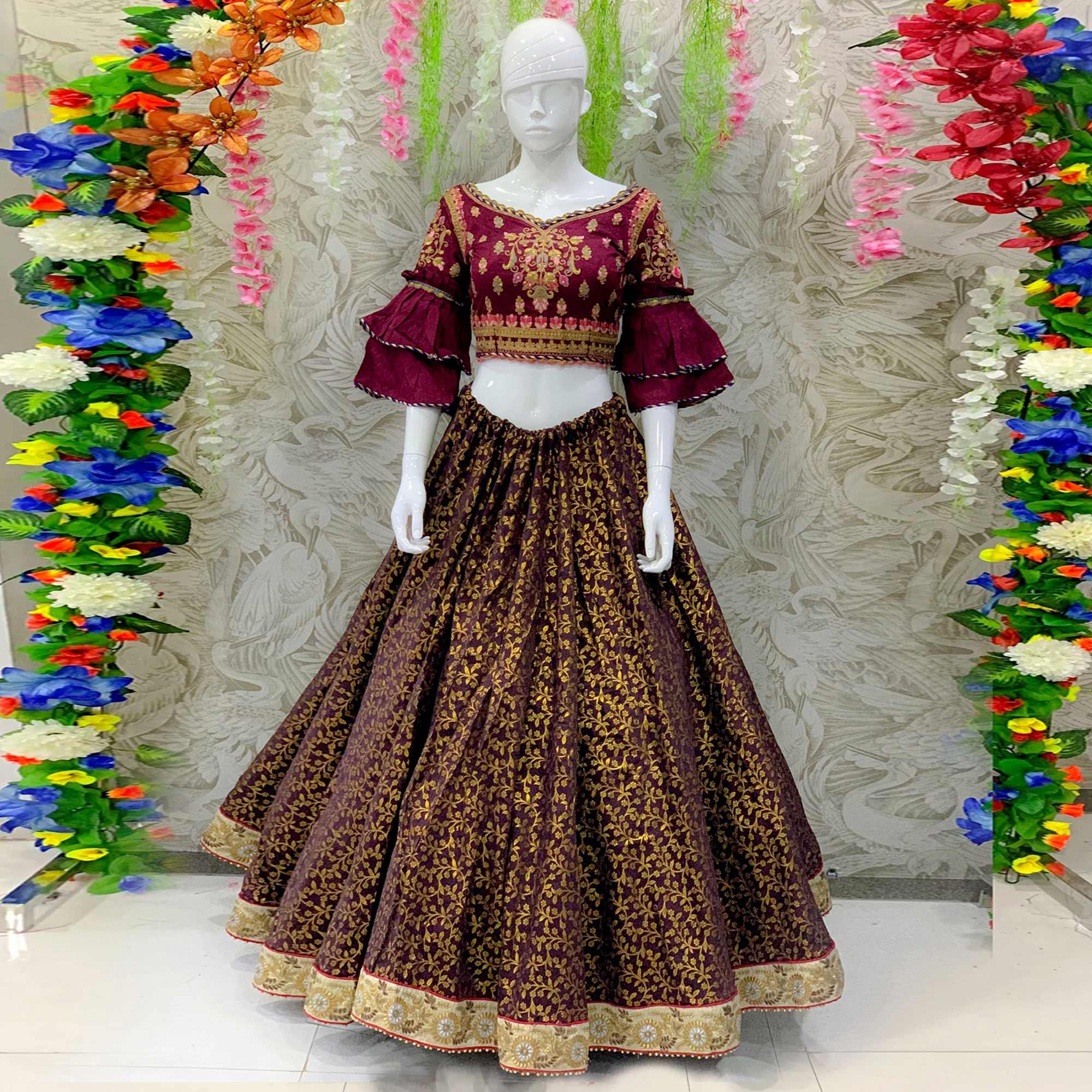 Elegant Maroon Colored Designer Wedding Wear Woven Banarasi Silk Lehenga Choli - Peachmode