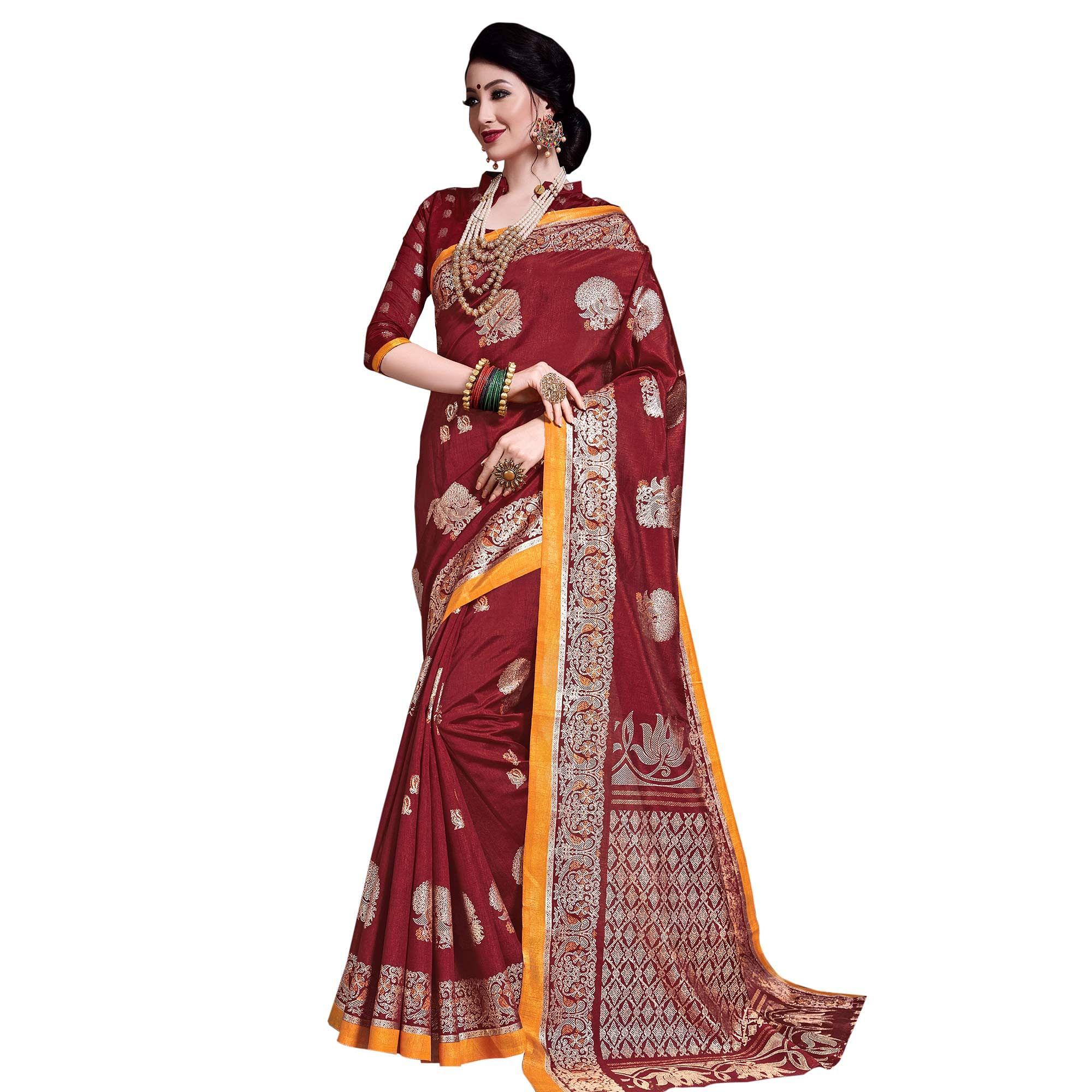 Elegant Maroon Colored Festive Wear Printed Art Silk Saree - Peachmode