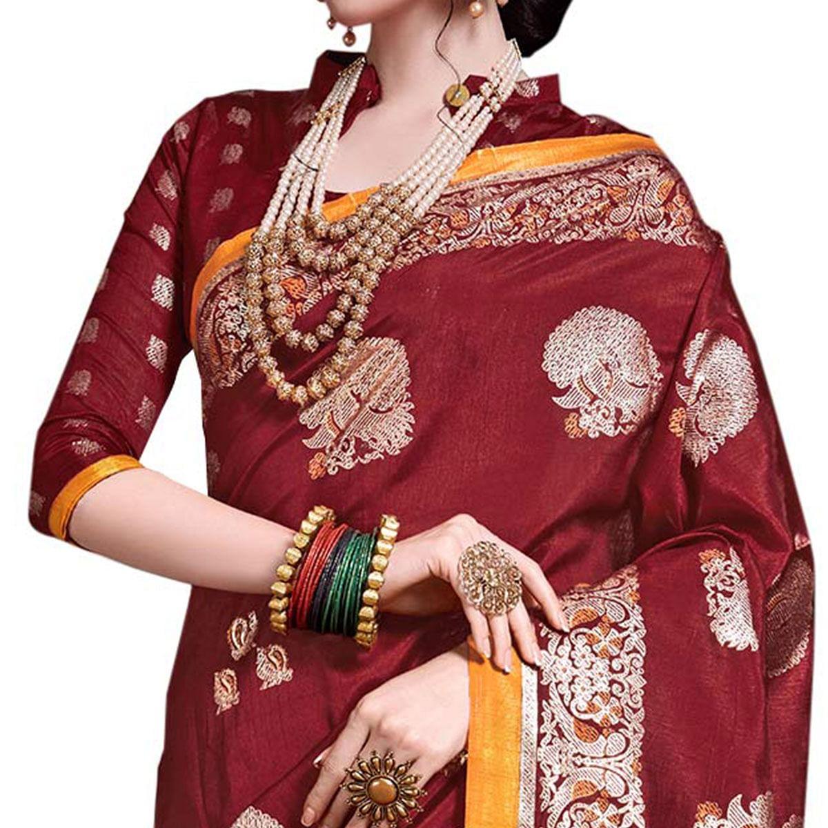 Elegant Maroon Colored Festive Wear Printed Art Silk Saree - Peachmode