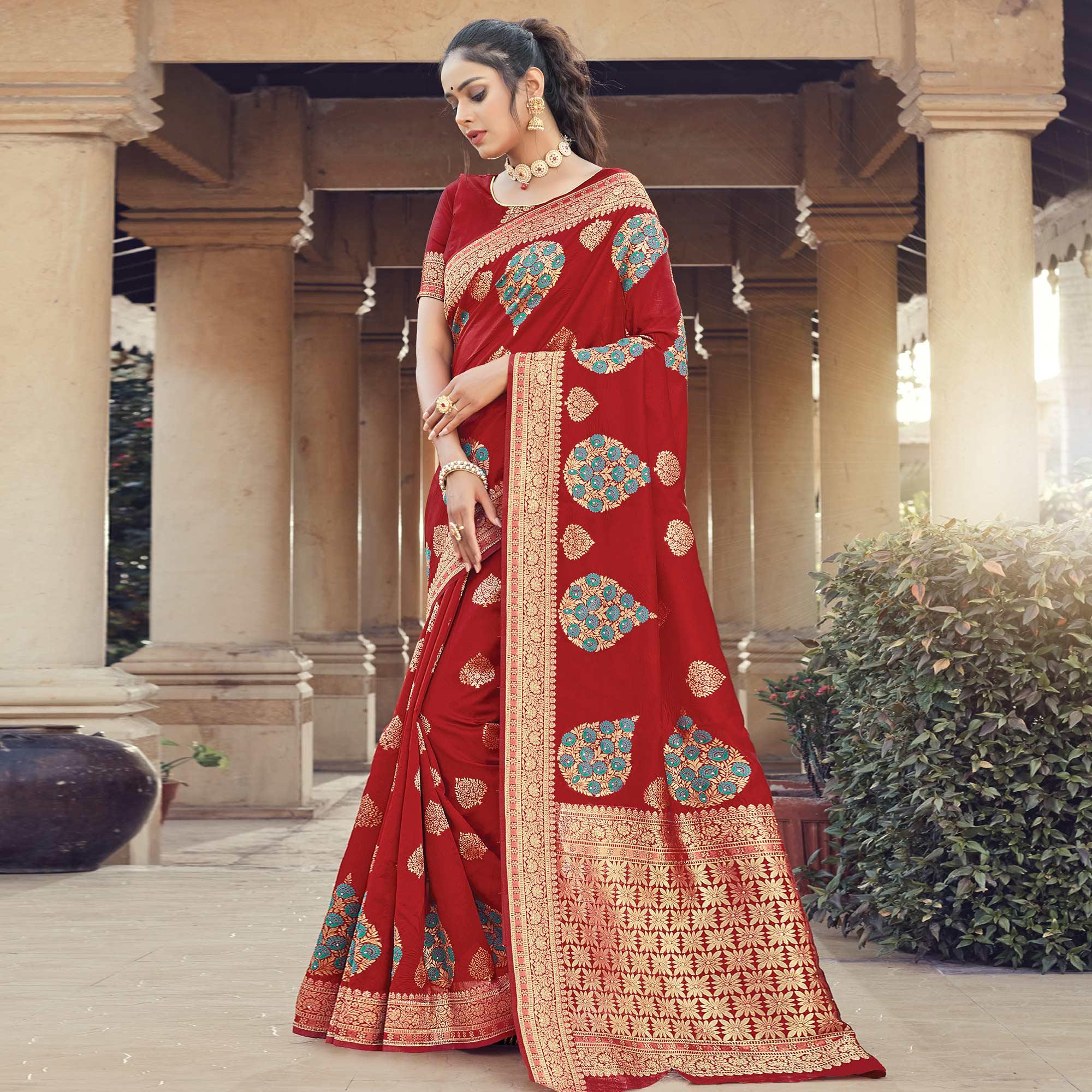 Elegant Maroon Colored Festive Wear Woven Silk Saree - Peachmode