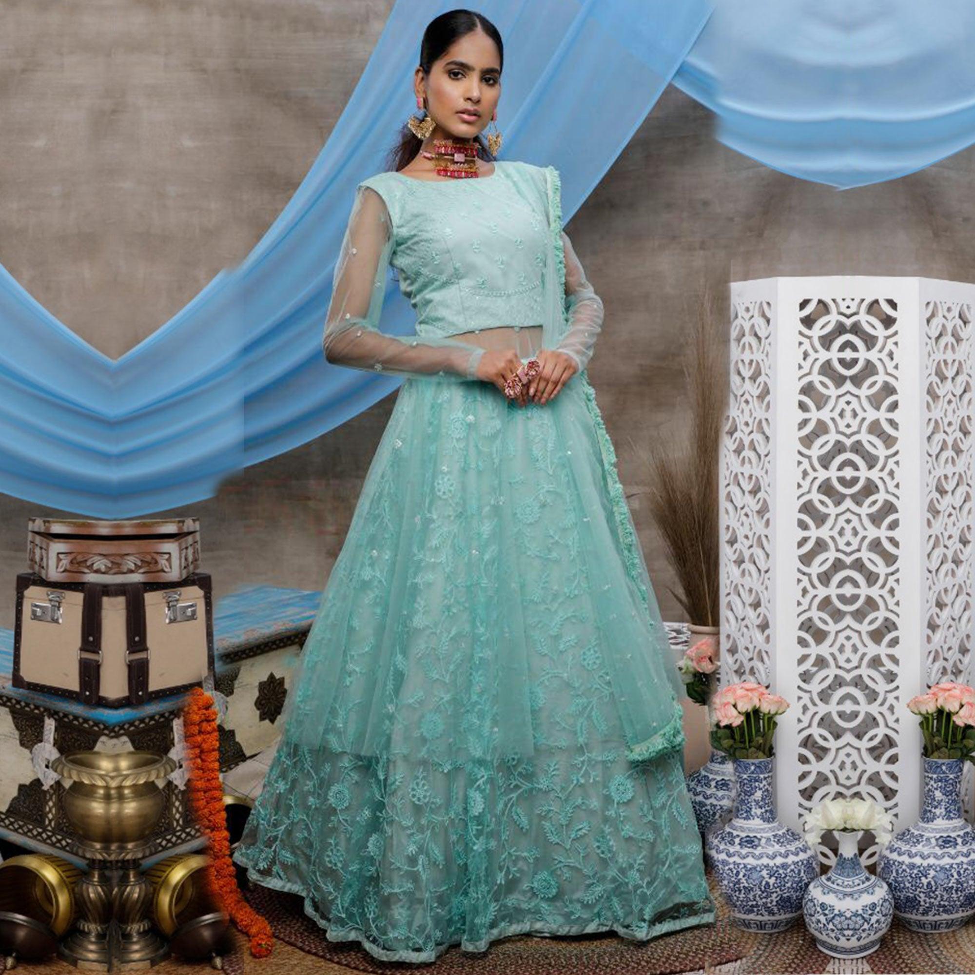 Elegant Mint Green Colored Party Wear Embroidered Net Lehenga Style Gown - Peachmode