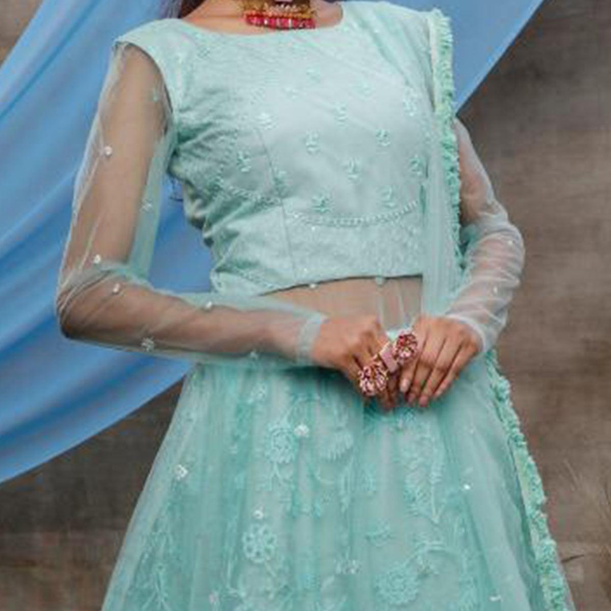 Elegant Mint Green Colored Party Wear Embroidered Net Lehenga Style Gown - Peachmode