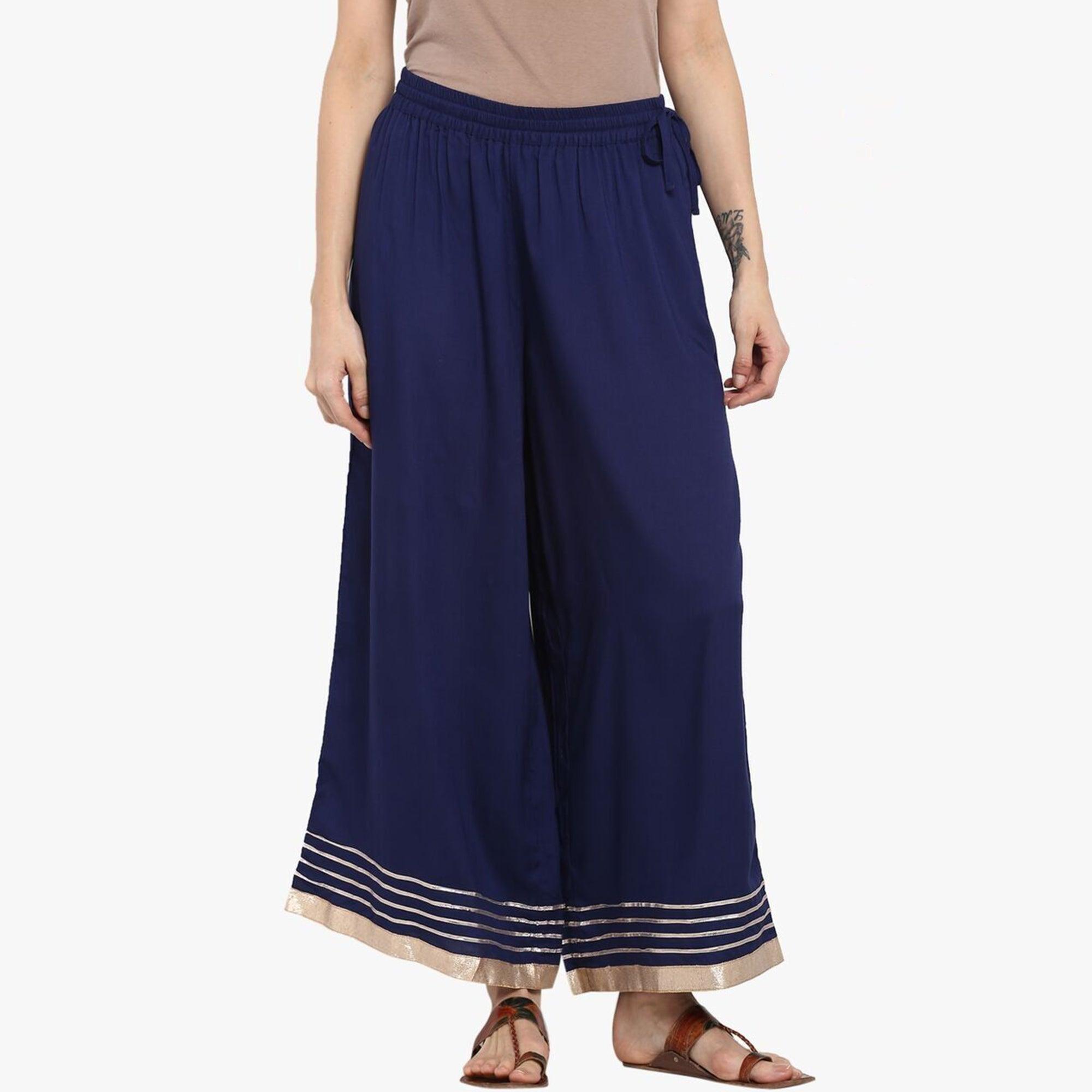 Elegant Navy Blue Colored Casual Rayon Palazzo - Peachmode