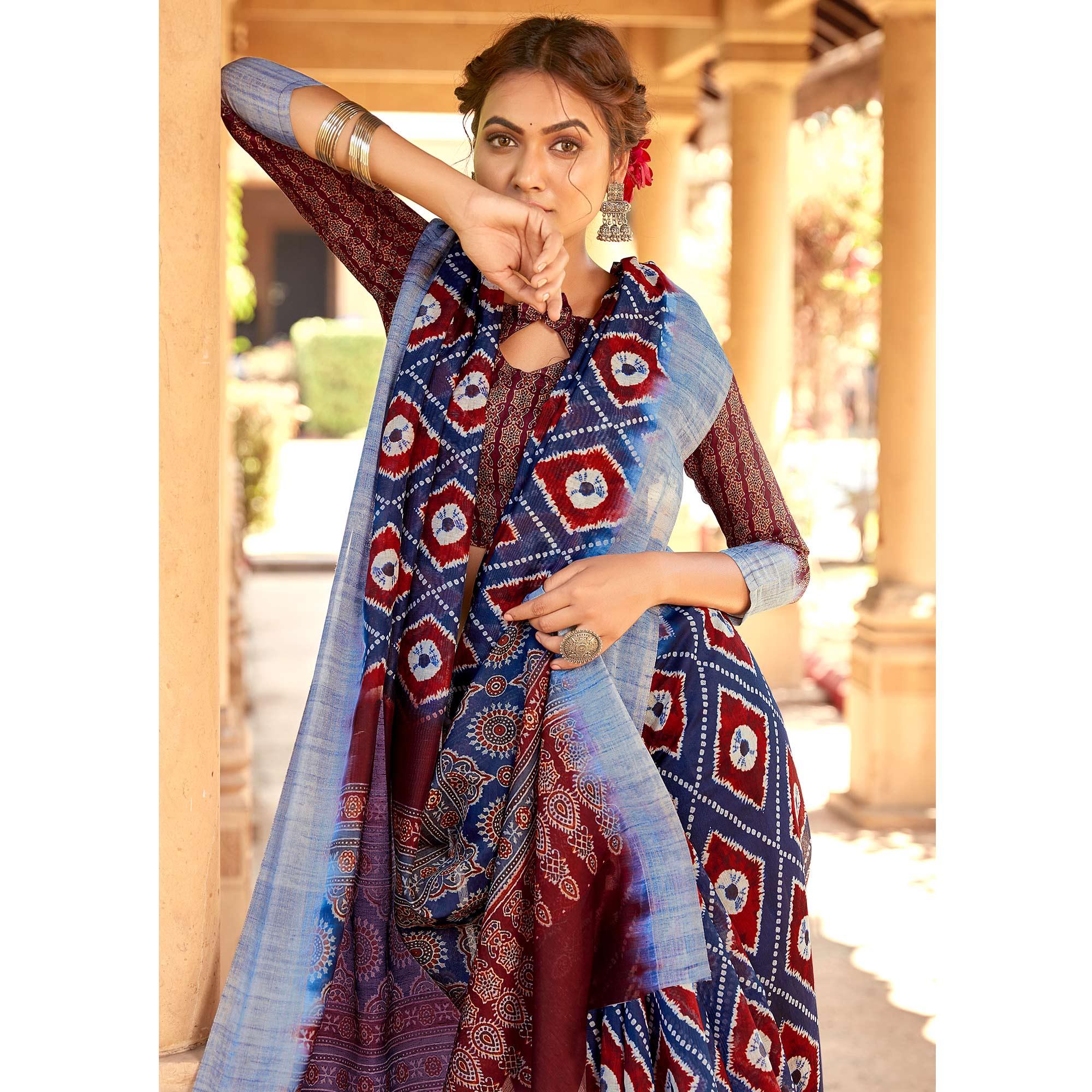 Elegant Navy Blue Colored Digital Printed Festive Wear Linen Designer Saree - Peachmode