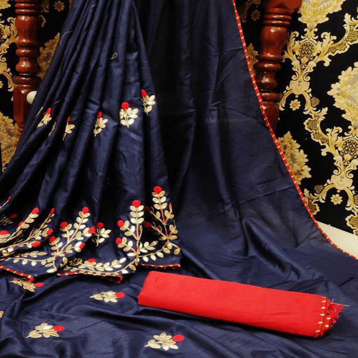 Elegant Navy Blue Colored Festive Wear Butta Work Dola Silk Saree - Peachmode