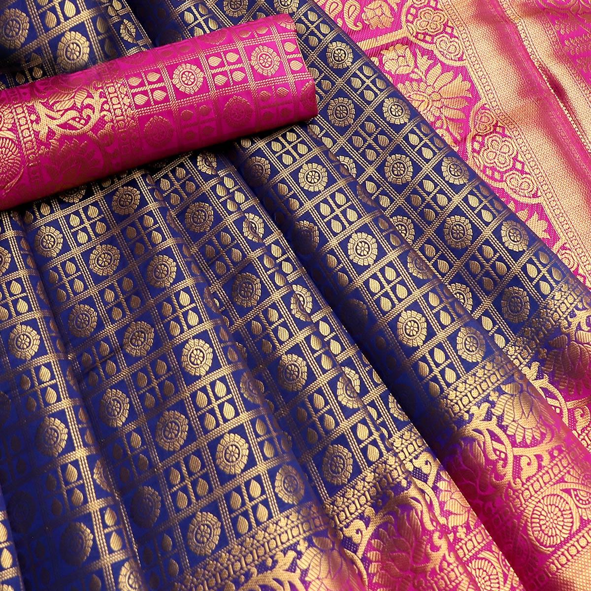 Elegant Navy Blue Colored Festive Wear Woven Art Silk Saree - Peachmode