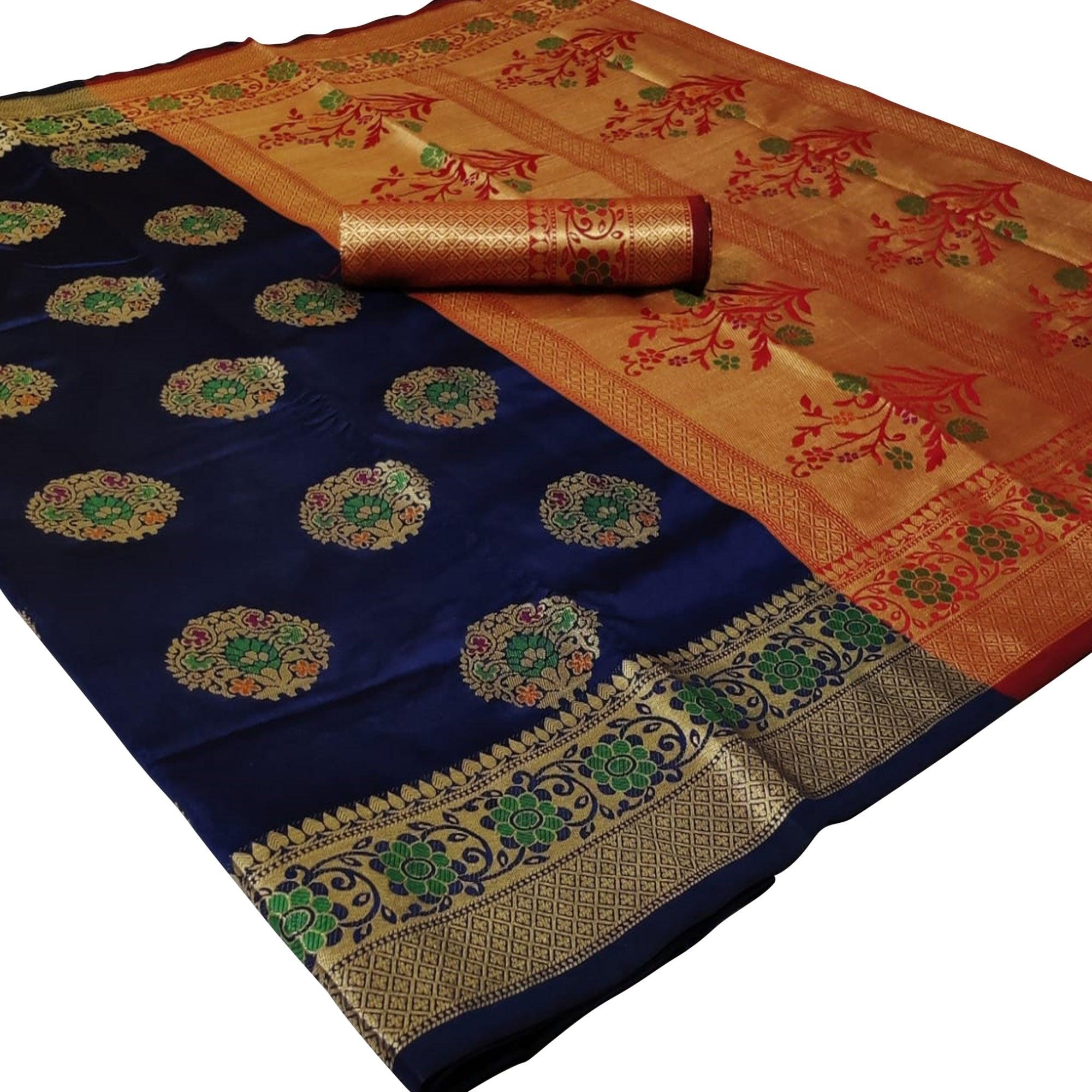 Elegant Navy Blue Colored Festive Wear Woven Silk Saree - Peachmode