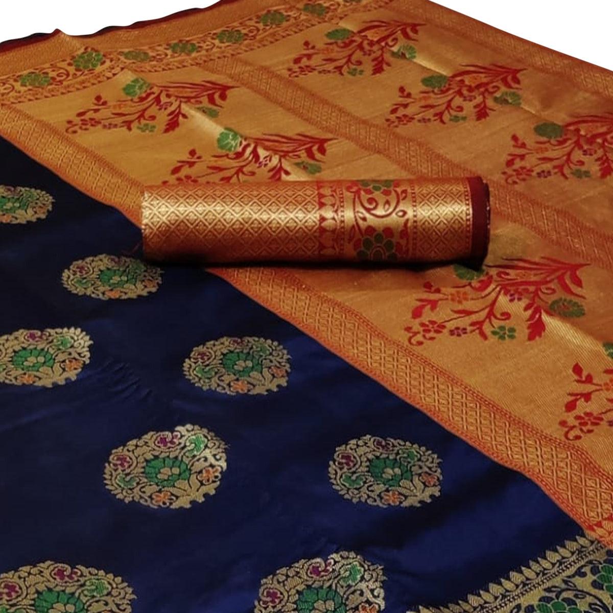 Elegant Navy Blue Colored Festive Wear Woven Silk Saree - Peachmode