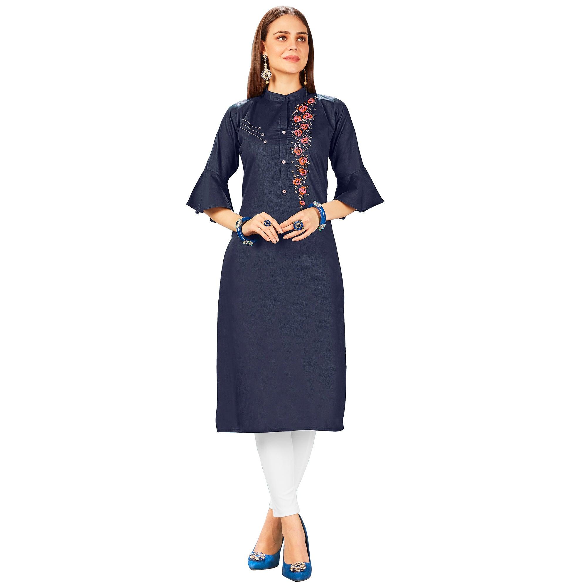 Elegant Navy Blue Colored Party Wear Embroidered Jam Cotton Silk Kurti - Peachmode