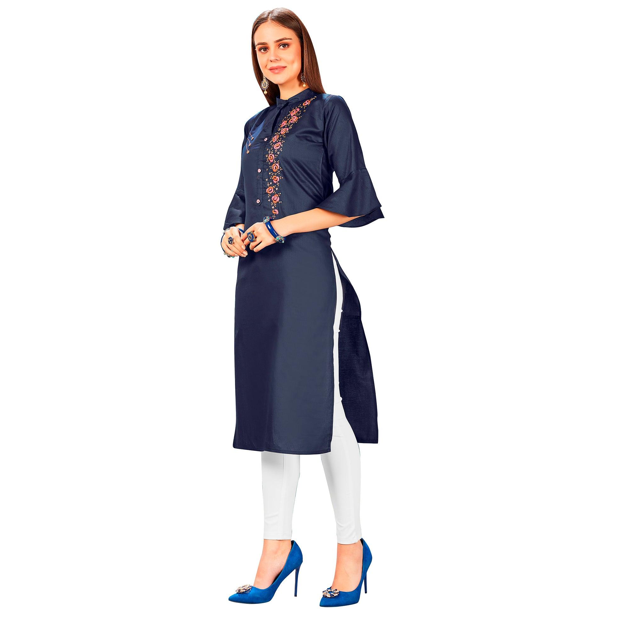 Elegant Navy Blue Colored Party Wear Embroidered Jam Cotton Silk Kurti - Peachmode