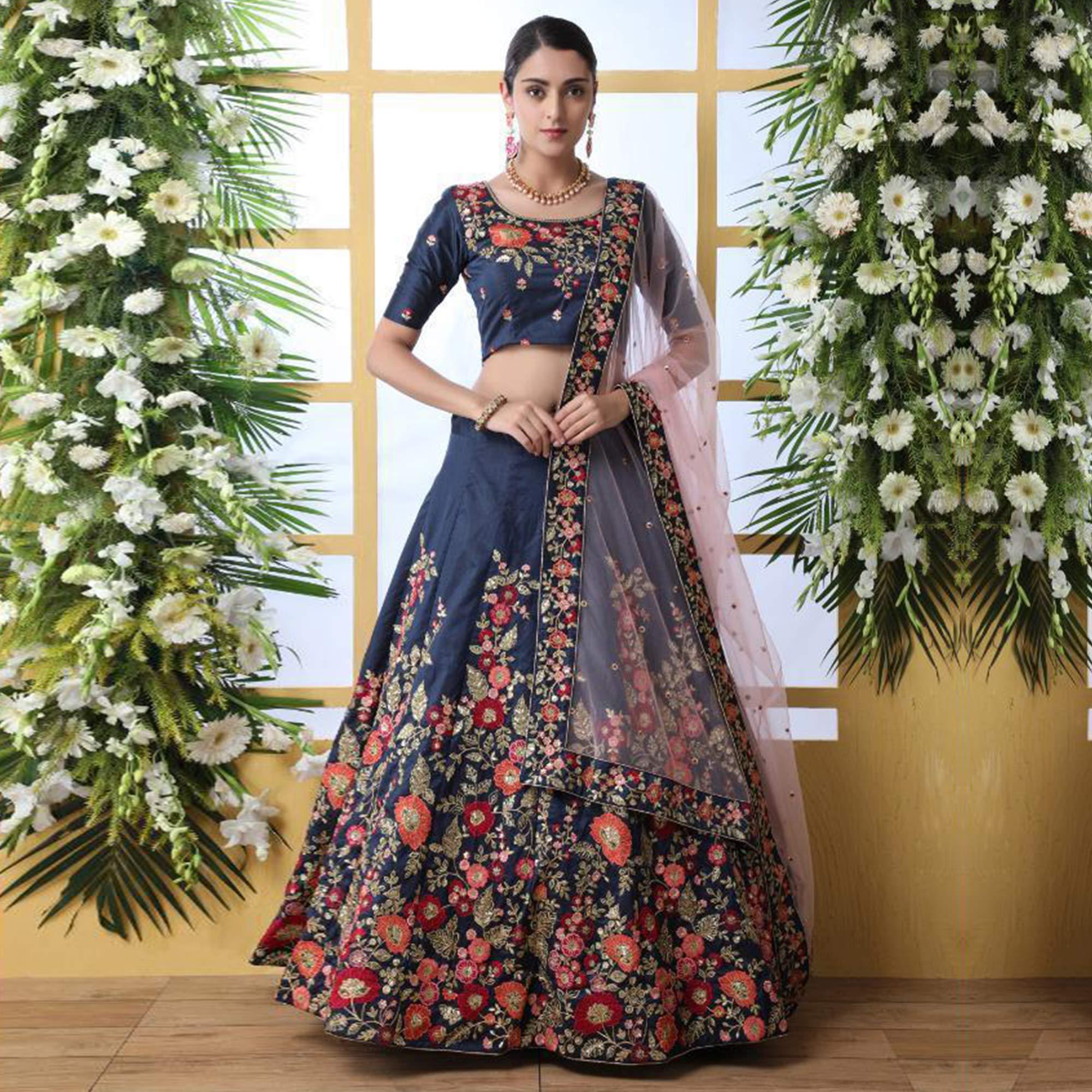 Elegant Navy Blue Colored Party Wear Floral Embroidered Art Silk Lehenga Choli - Peachmode
